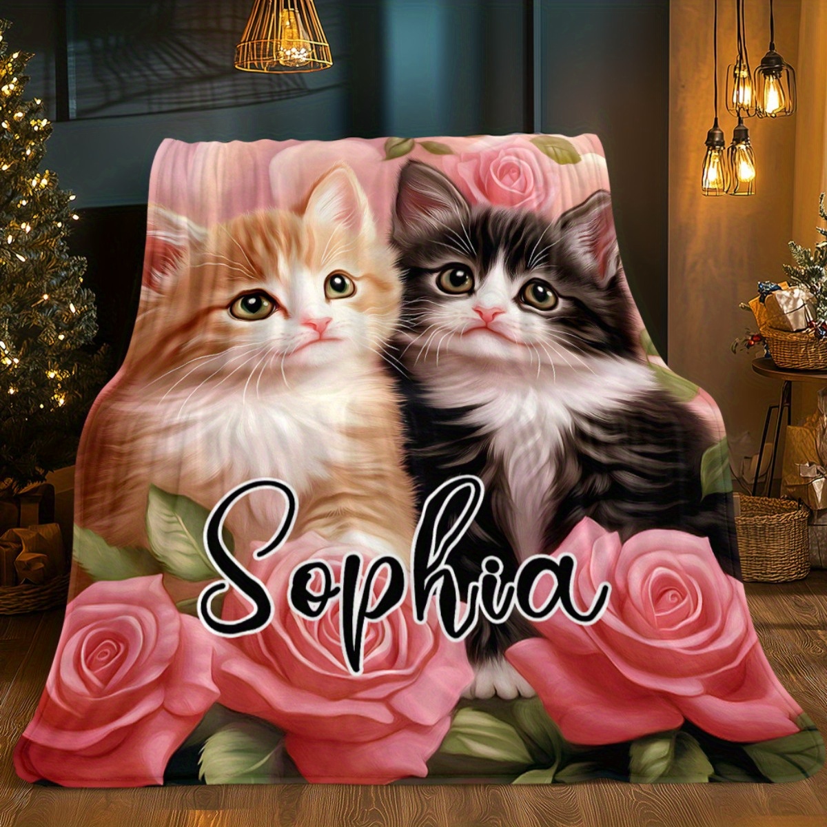 TEMU 1pc 1pcs Couverture Deux Chaton dans le - Impression Personnalisée Nom/Texte/Date/Message, Couverture en Flanelle Douce et Chaude Adaptée pour