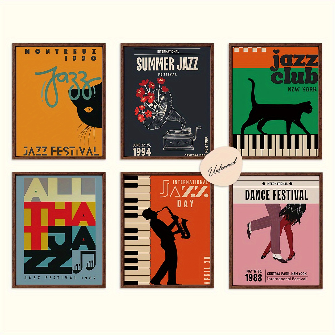 6er-set klassische vintage-jazz-musikposter - elegante  -kunstwerke mit   typografie, retro- - & saxophon-designs,   für zuhause, studentenwohnheim oder klassenzimmerdekoration - ideales geschenk für musikliebhaber, 8x10 zoll, musikzimmerdekoration