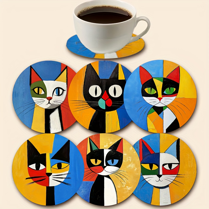 TEMU 6pcs Set Of Colorful Abstract Cats, Artistic Wooden Coasters, Suitable For Drinks, Tea And Coffee Coasters, Ideal For Home , Office And