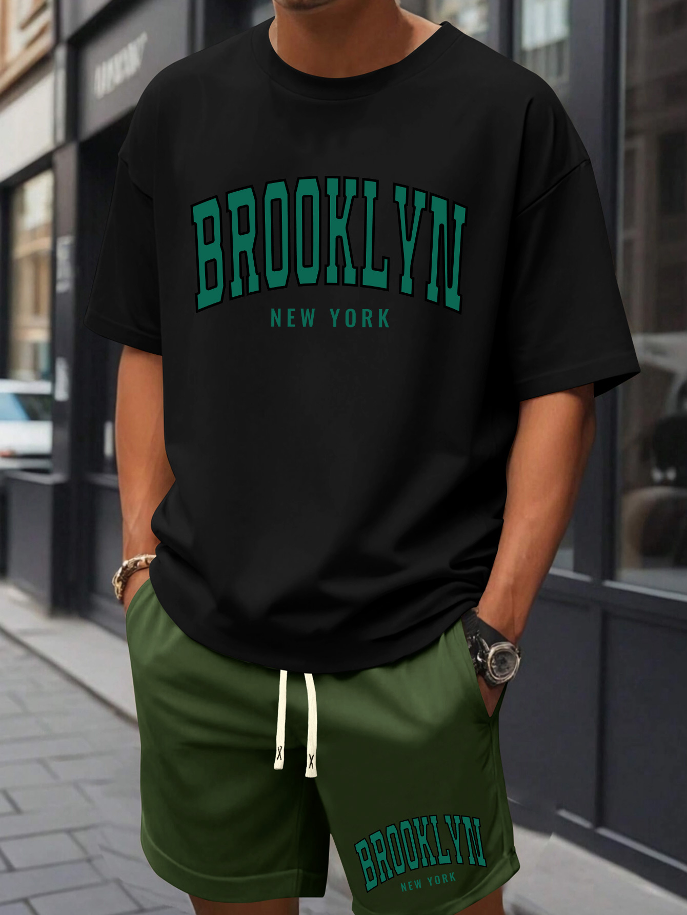 Men'S Brooklyn New York Print Cotton T-Shirt & Shorts Set - Casual Crew Neck, Short Sleeve, Loose Fit, Summer Outfit with Pockets, White with Green Lettering, Beachwear Clothing|Relaxed Fit Shorts|Pocketed Tshir