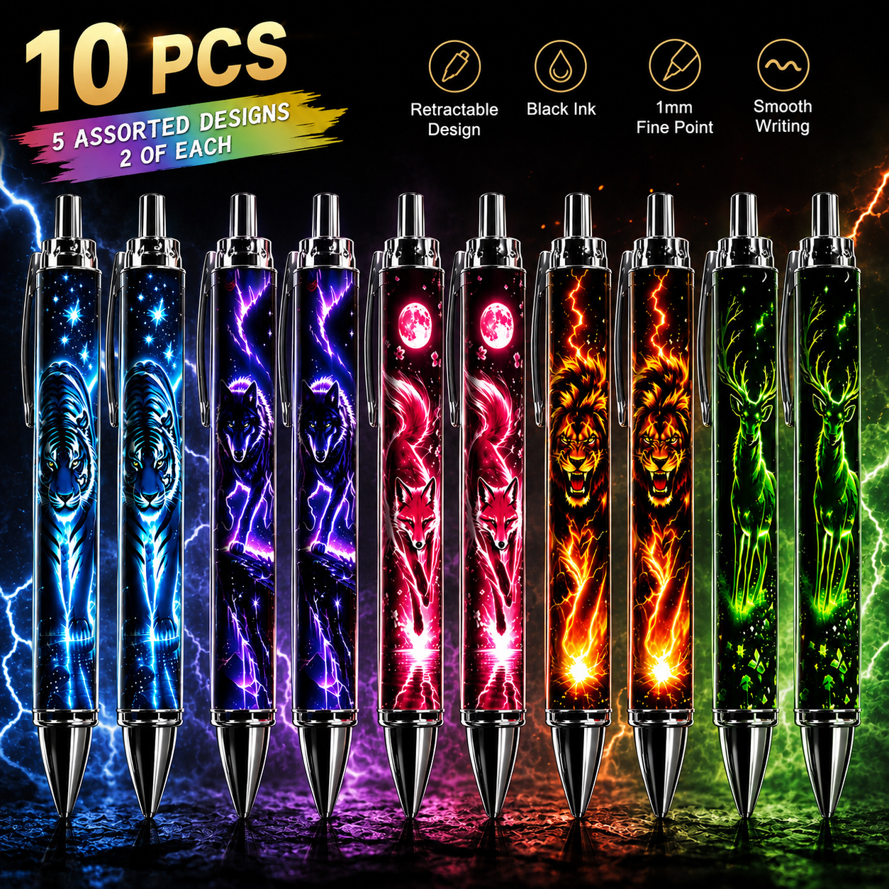 TEMU 5/10-pack Neon Wildlife Retractable Ballpoints, 1.0mm Black Ink Click-style Pens, Tiger, Wolf, Fox, Lion, Moose Patterns, Smooth Writing,