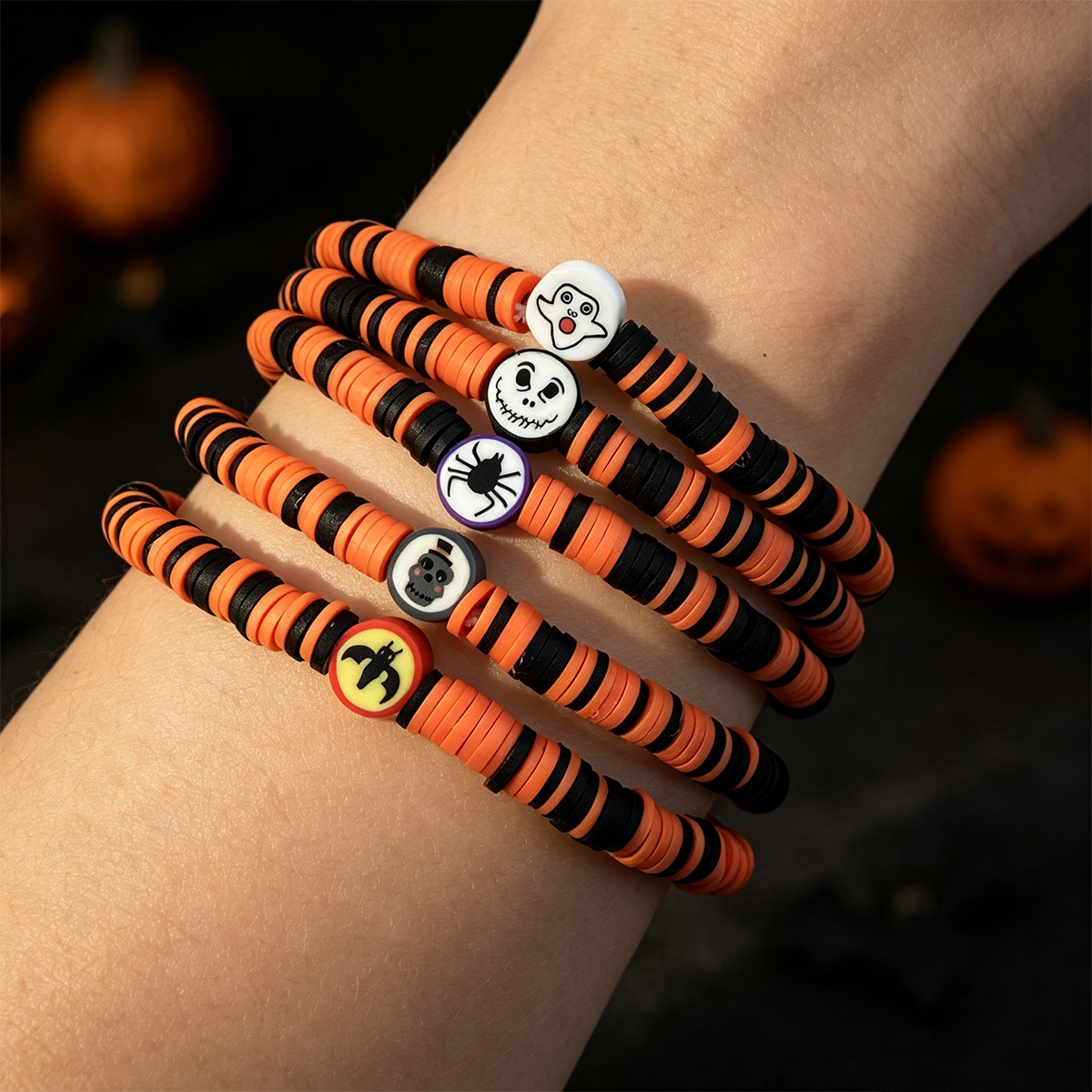 12pcs Halloween Polymer Clay Beaded Bracelet Set, Fun Gift