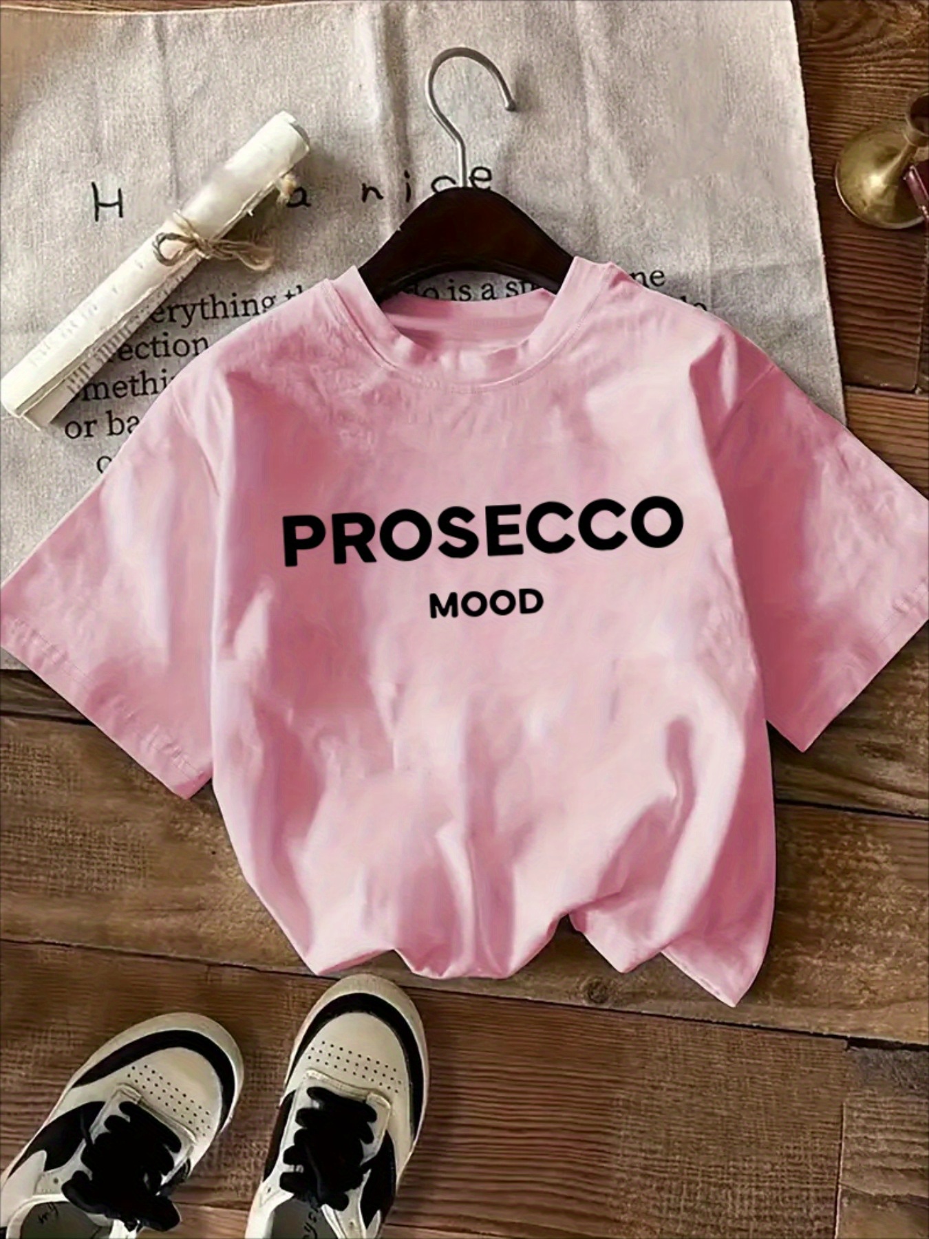 Letter print t-shirt, short sleeve crew neck casual top, Women's clothing