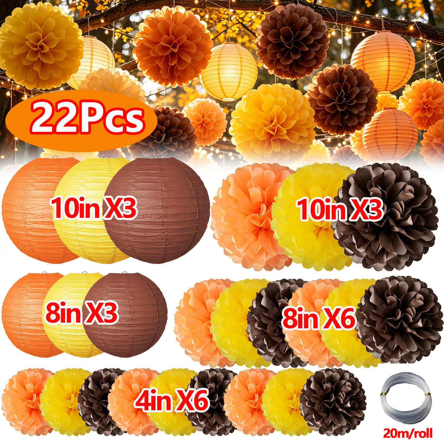 TEMU 22pcs Fall Burnt Orange Paper Lanterns And Pom Poms Decorations Tissue Hanging Paper Pom Poms Lanterns For Rustic Farmhouse Bridal Shower