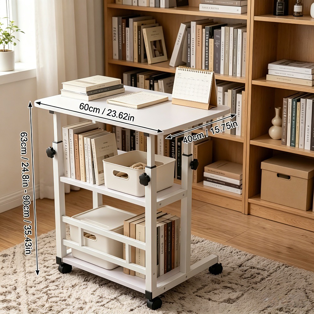 Height Adjustable Computer Desk with Storage Shelf and Wheels, Mobile Rolling Desk for Home Office, Small Space Study Workstation Desk