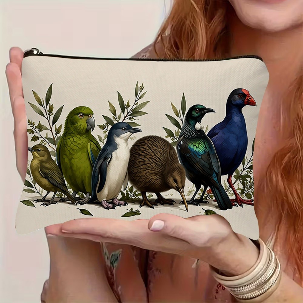 TEMU 1pc 2d Flat Printing New Zealand Local Birds Pattern Zipper Cosmetic Pouch, Portable Lightweight Durable Travel Pouch, Compact Makeup Organizer