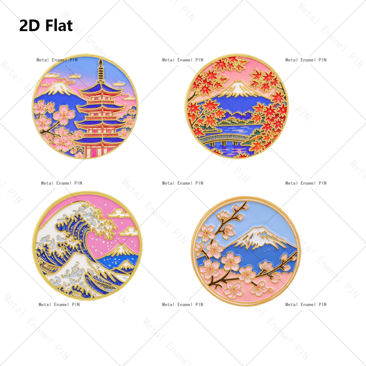 TEMU 2d Flat, 2d Flat 4pcs Japanese - Fuji Enamel Lapel Pins Unisex Brooch Badges Fashion Accessories For Backpack Clothing Gifts, 2d Flat