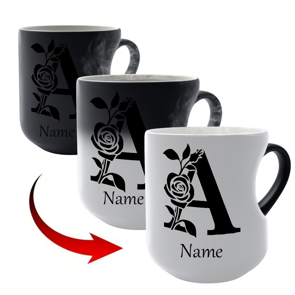 One Custom 11Oz Mug Featuring a Personalized Name And Floral Letter Design That Changes Color with Hot Water: an Ideal Present for Loved Ones - Heart-Shaped Ceramic Cup - Perfect for Halloween, Thanksgiving, And Christmas.