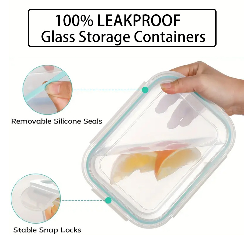 16pcs glass food container set lunch boxes portable storage for microwave and dishwasher locking lid rectangular borosilicate glass for refrigerator and kitchen dining containers 8 lids details 2