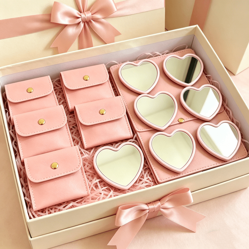 Travel 10pcs Heart-Shaped Portable Mirrors with Cosmetic Bags