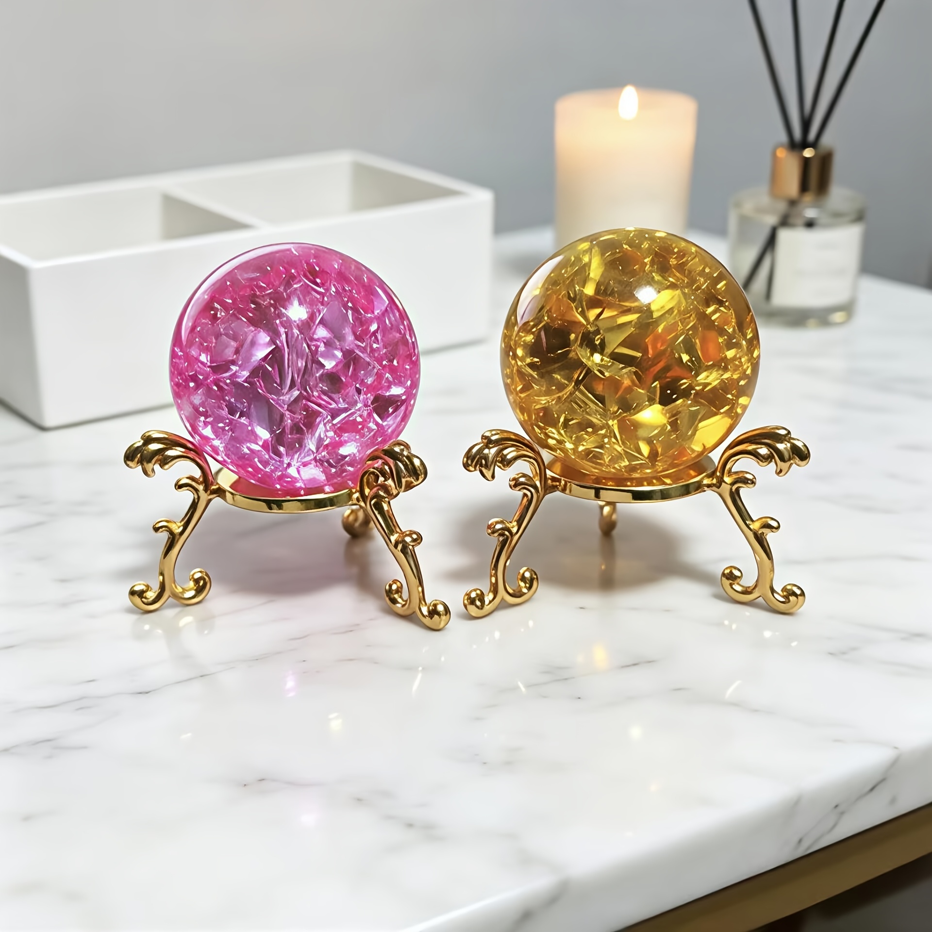 TEMU 2pcs Pink Crack Crystal Ball Ornament With Golden Stand - Crystal Meditation Decor Suitable For Home, Shui , Luxury Tabletop Gift For Living