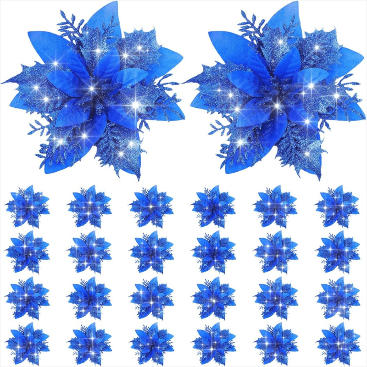 

10pcs Royal Blue Glitter Poinsettia Flowers - Christmas Tree, Wreaths & Garland Decorations, Christmas Decor