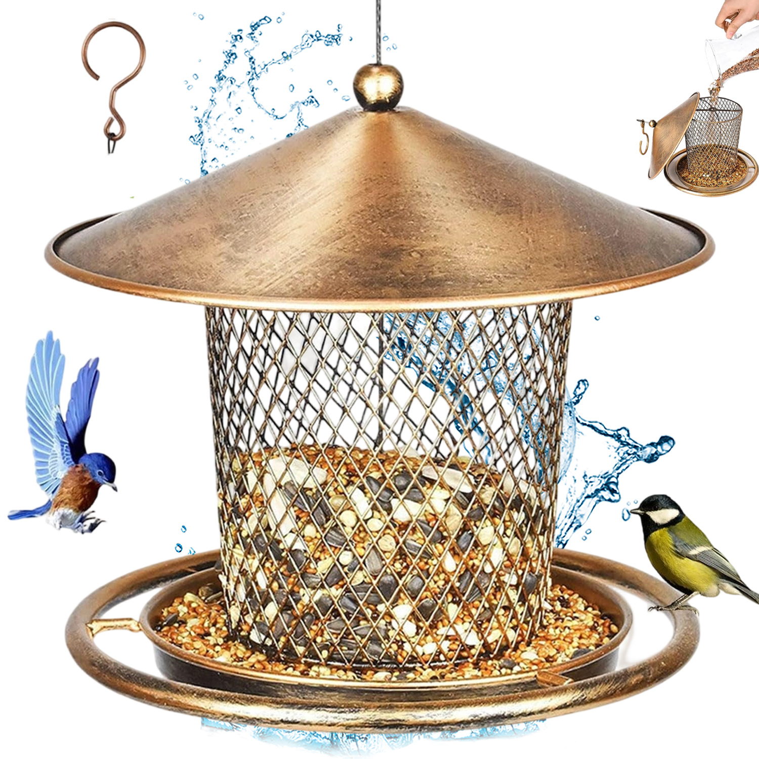 Weatherproof Hanging Bird Feeder House - Metal Bird House For , Covered Design And Garden Hook, Durable Outdoor Bird Feeder For Garden, Yard, Patio