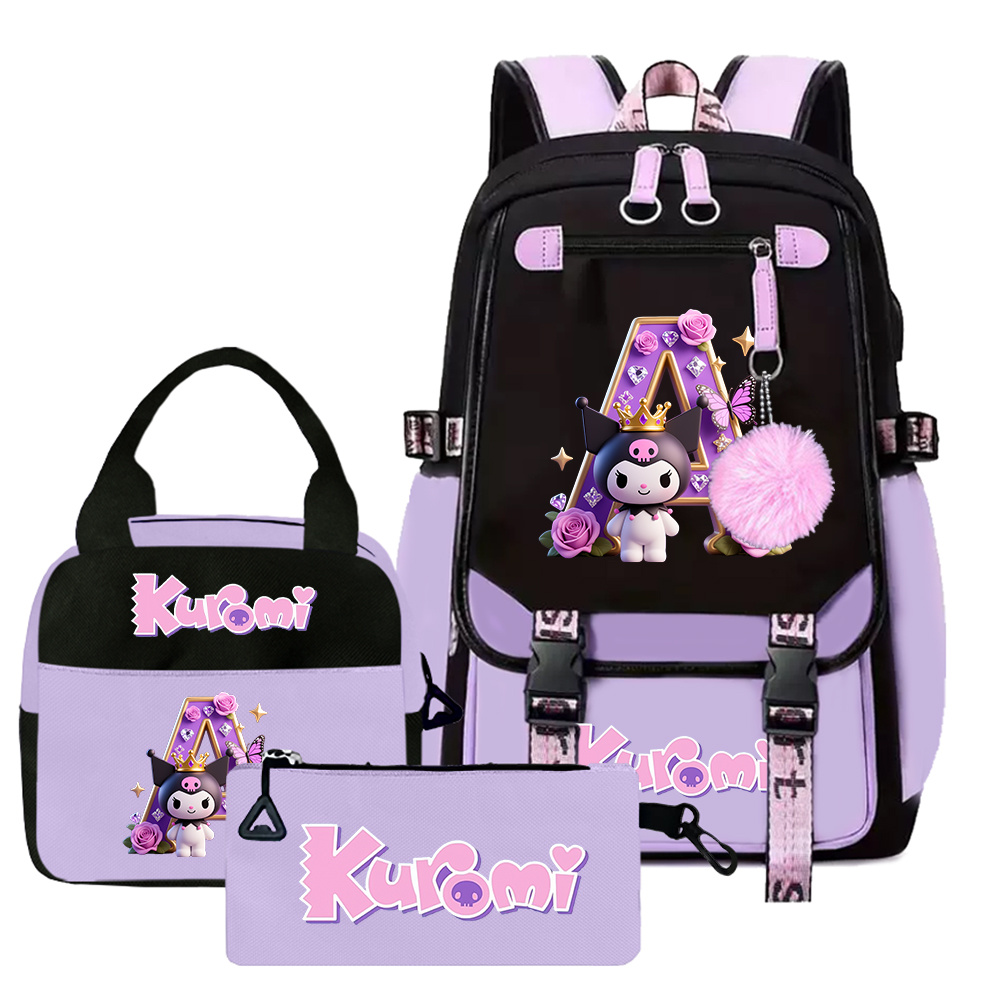E-shop 3-teiliges Kuromi Kitty Crossbody Rucksack Set | Große Kapazität, mehrschichtige Aufbewahrung, verstellbare Träger, für Thanksgiving, Neujahr,