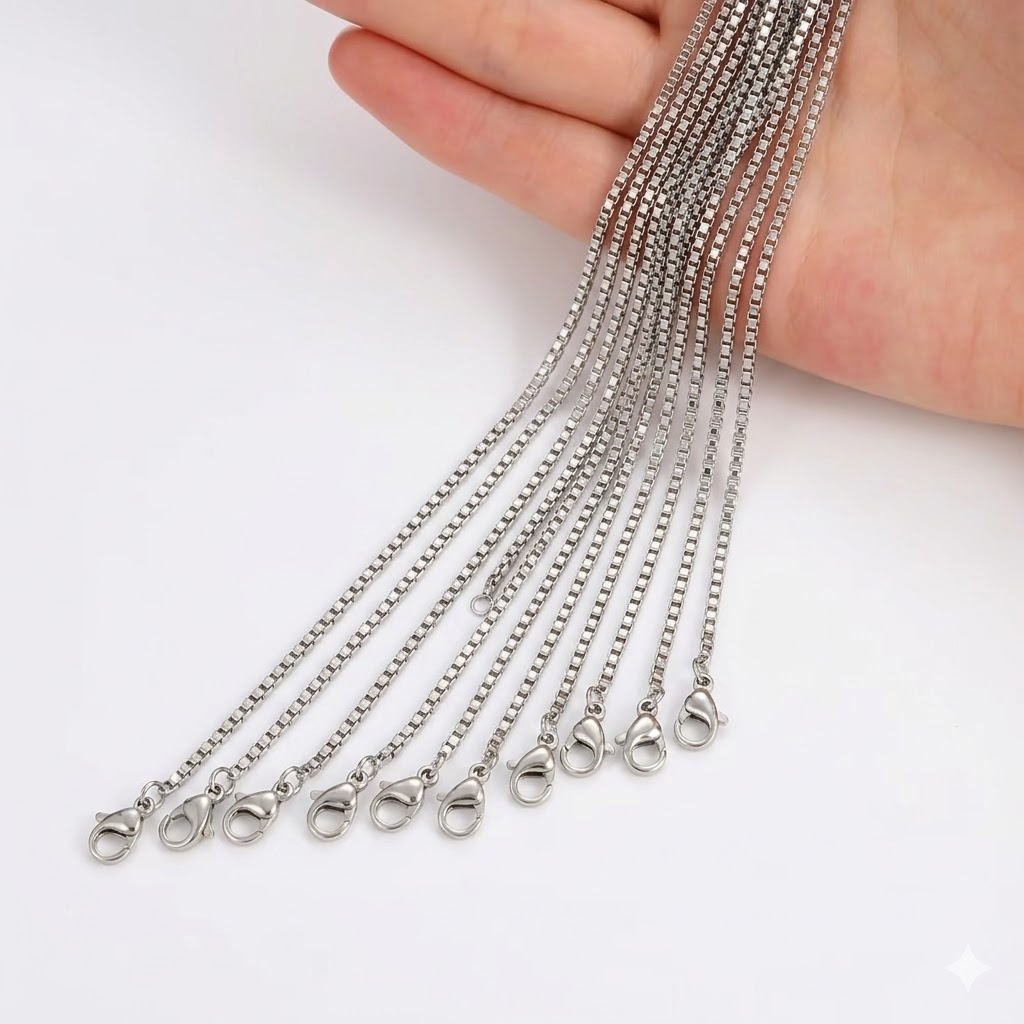 10pcs Matte Silvery Square Box Thin Chains, Stackable