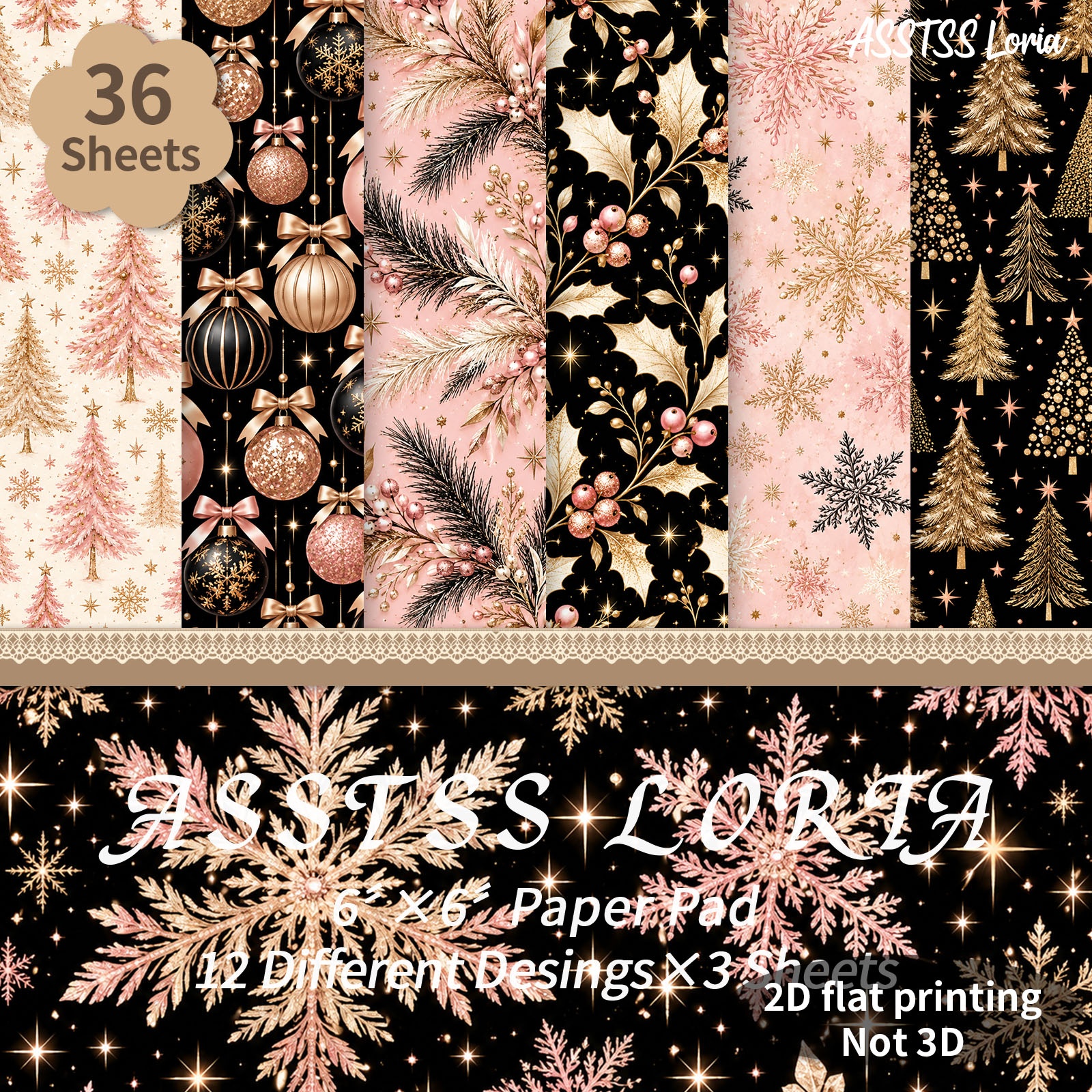 TEMU Bloc de papier de scrapbooking ASSTSS 6*6 pouces, 36 feuilles, papier d'emballage cadeau de Noël sapin de Noël rose-doré, houx/plan/papier de ,