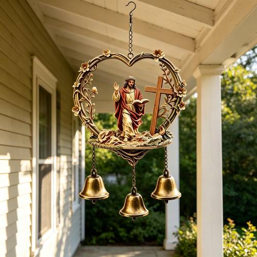handcrafted metal wind chime heart floral branch and cross design featuring three copper bells suitable for outdoor hanging decoration in courtyards and patios produces soothing wind sounds and is durable ideal for indoor home