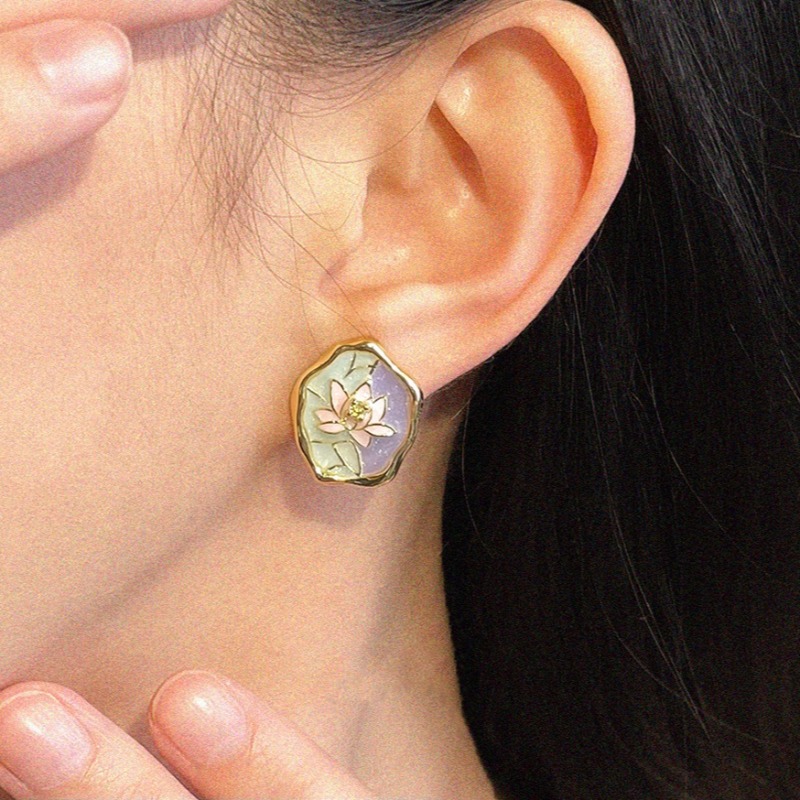 Exquisite Multicolor Enamel Lotus Flower Stud Earrings