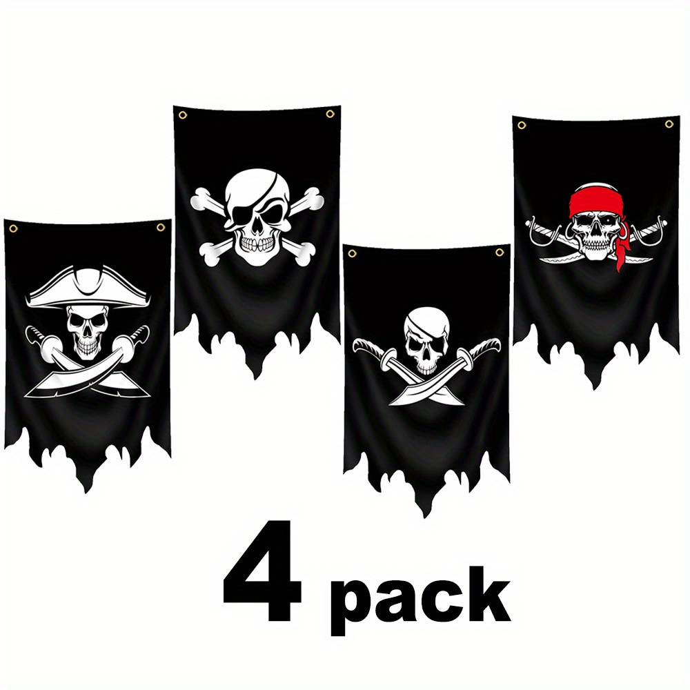 (new Pirate Design) 4-pack, Pirate Flag 12*20 Inches, Banner (30*50 Cm), 2 Grommets, Suitable For Dorms, Parties, Home, Garden Indoor & Outdoor Decor
