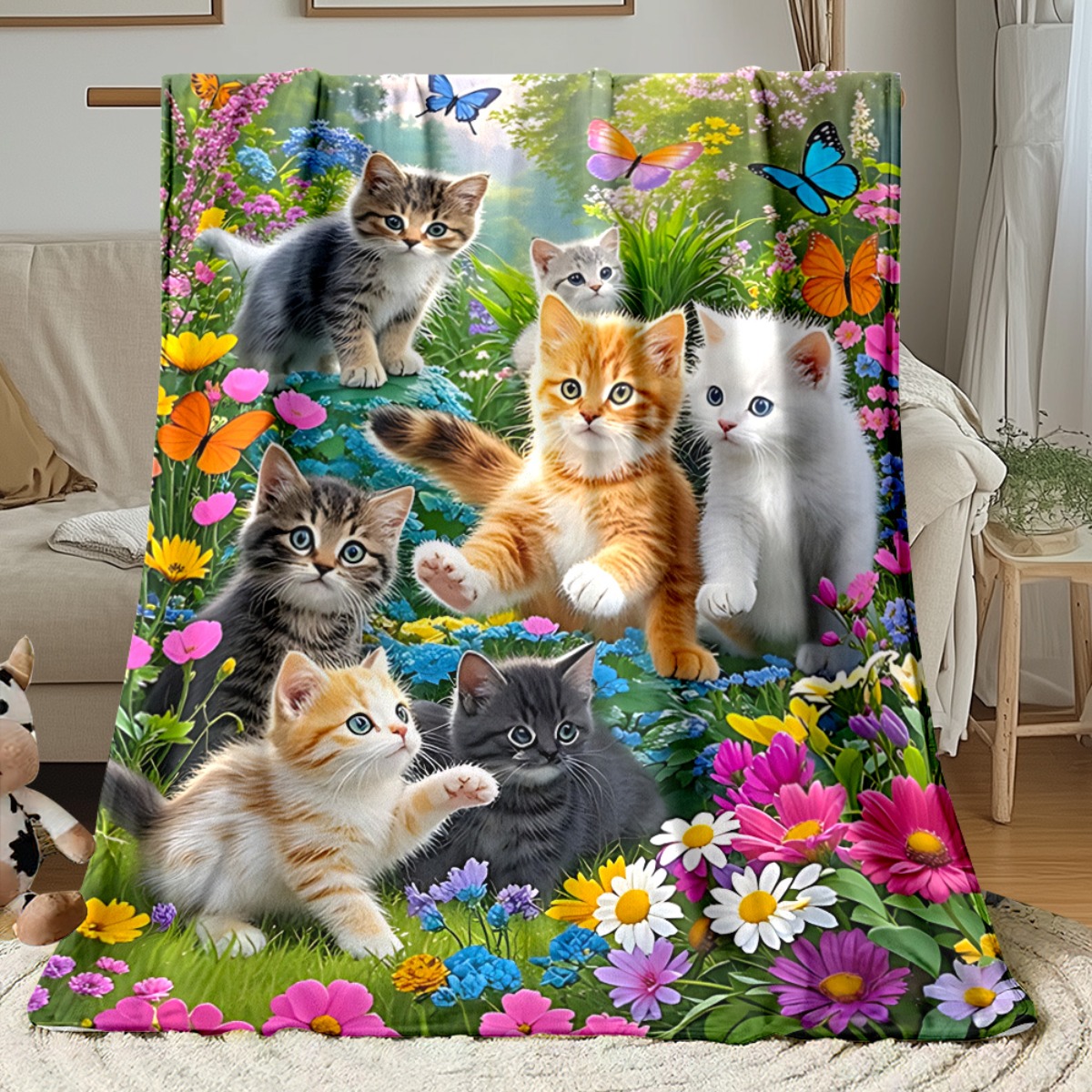 TEMU 1pc Cats Flowers And Greenery. Printed Blanket, Used For Sofa, Bedroom, Living Room, Bed, Couch, Chair, Office, Camping Soft And Warm