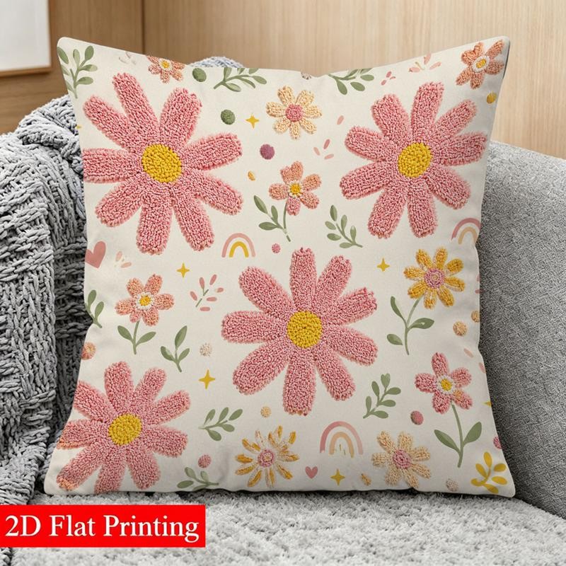 TEMU 2d Flat Printing Throw Pillow Cover, 45×45cm Double-sided Printed, Pastel Color Flowers, Stars & Hearts Pattern, Soft And Cozy For Living Room,