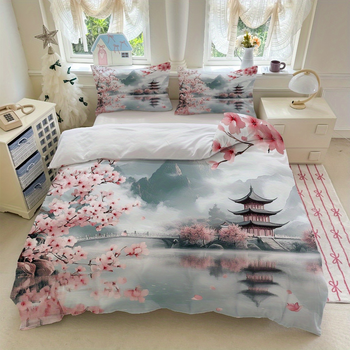 TEMU Ensemble de literie 3 pièces style japonais avec motif de roses (comprenant 1 housse de couette et 2 taies d'oreiller, garniture non incluse) -
