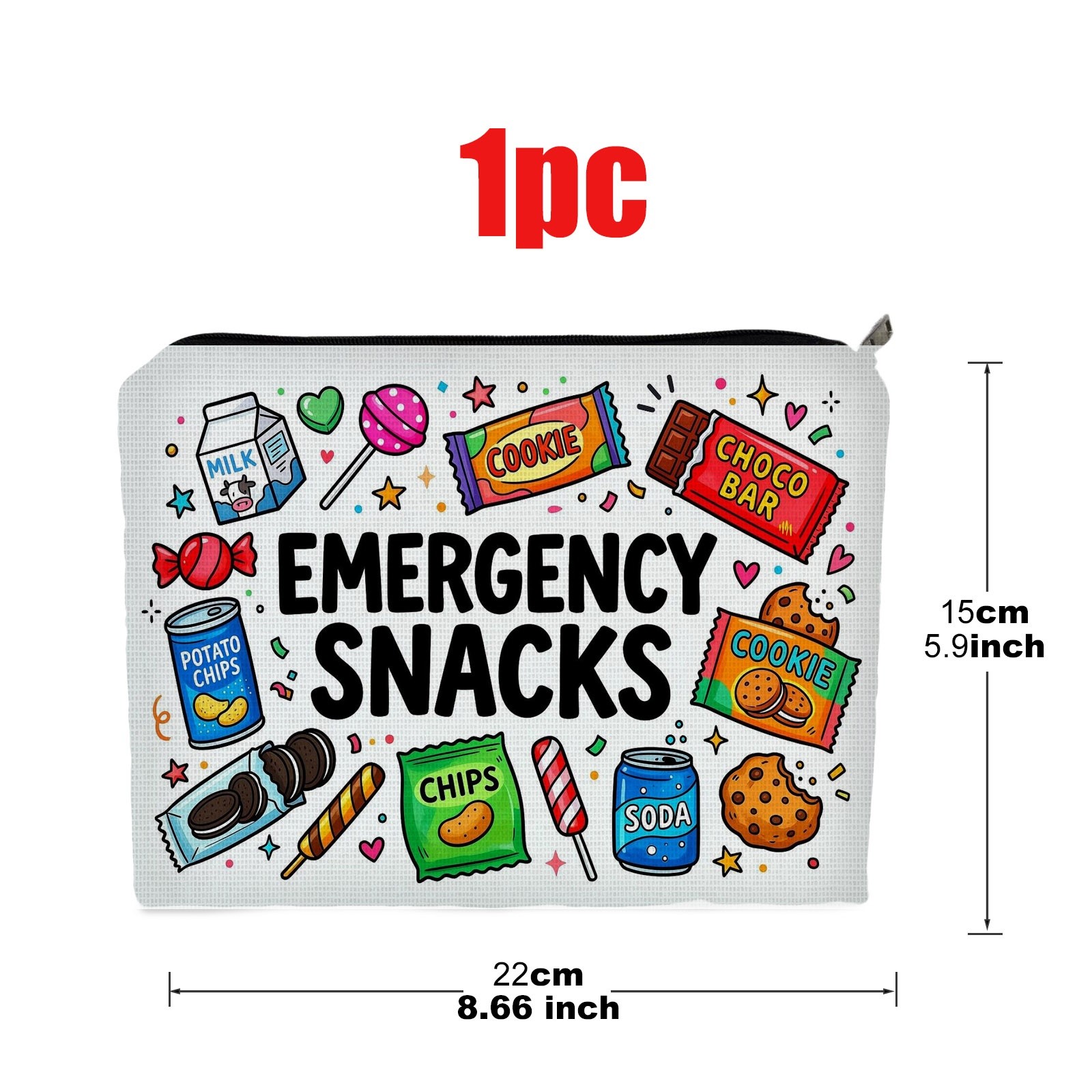 TEMU Polyester Cosmetic Bag, 5.9 X 8.66 Inch Portable Travel Makeup Pouch, Cartoon Print With Snack Elements, Lightweight Storage Organizer Perfect