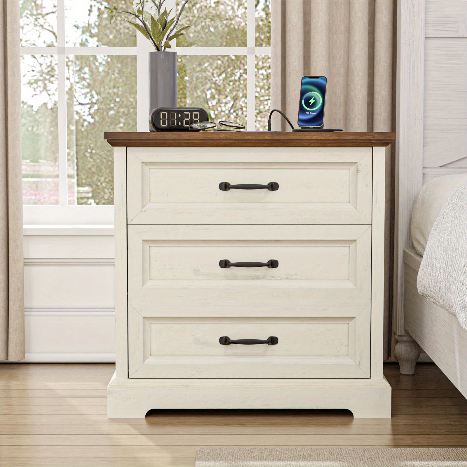 TEMU Wooden Bedside Table Featuring A Charging Station, With 3 Drawers And Metal Handles, Perfect For Bedroom Storage.
