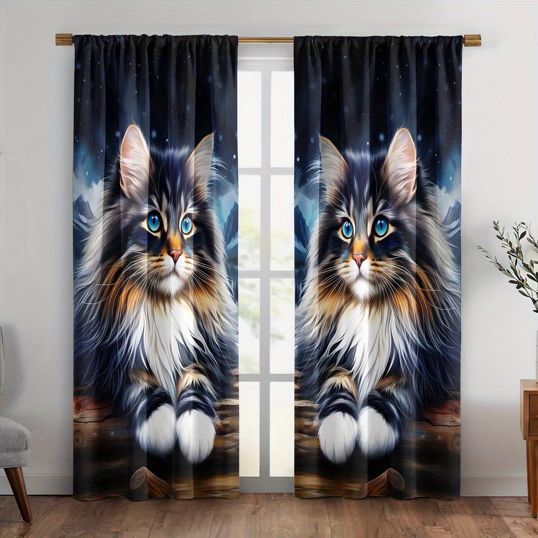 TEMU 2 Stück Niedliche Katzen-Druck Verdunkelnde Isolierte Vorhänge - 100% Polyester Maschinenwaschbare Gardinen mit Sternennacht-Cartoon-Design für