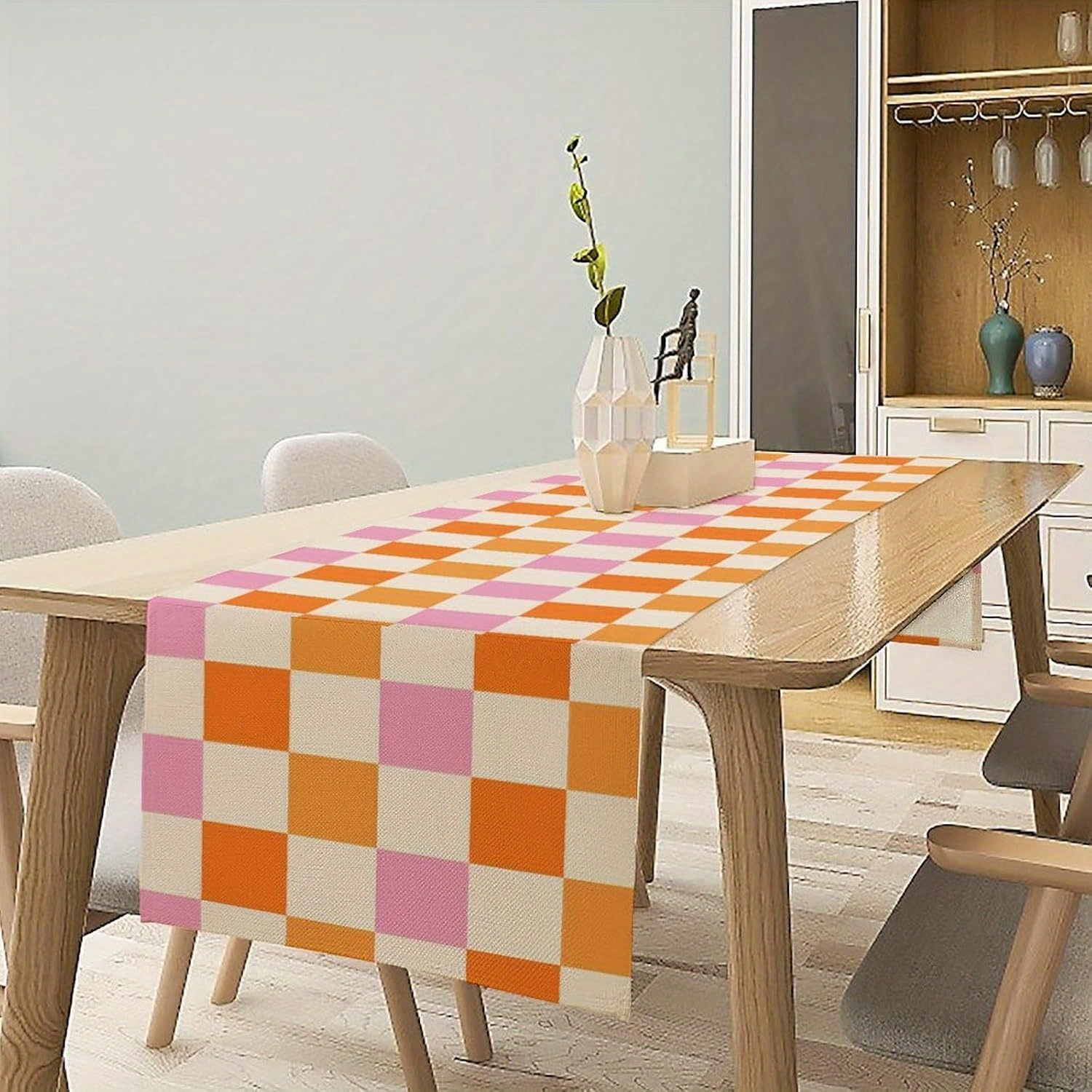 

1pc Vintage Geometric Checkered Table Runner, Polyester 100%, Woven Rectangular Table Decor For Dining, Kitchen, Party, Holiday, Farmhouse Style, Yellow Orange Pink Grid Design