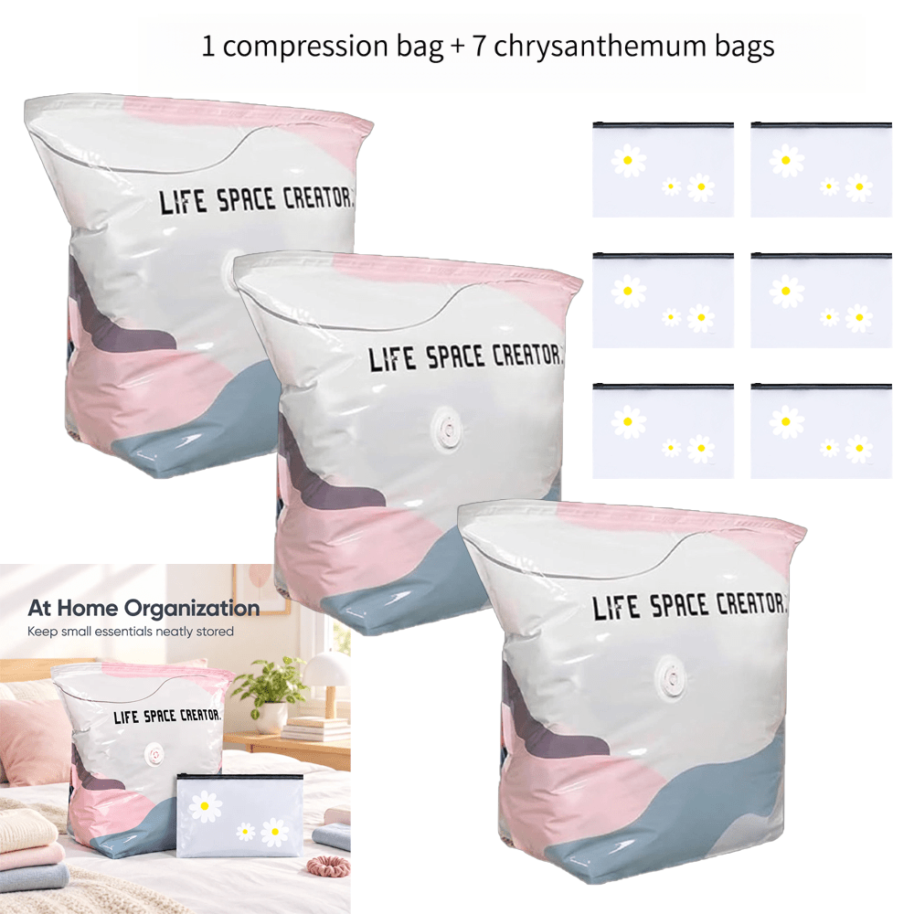 TEMU 8 (1 Compression Bag+7 Chrysanthemum Bags) Non Suction Vacuum Storage Bag, Thickened Large Capacity Clothing Blanket Compression Bag, Hand