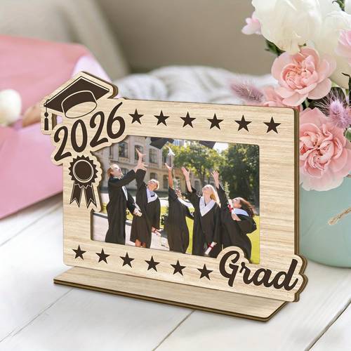 2026 graduating class wooden photo frame vintage style lightweight portrait orientation perfect as school themed gift for featuring confetti and