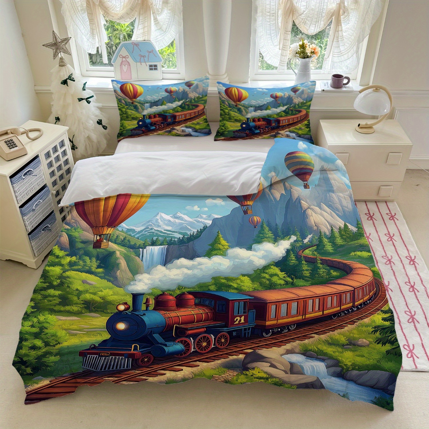 TEMU 3pcs Bedding Featuring A Whimsical Landscape Design With Vibrant Train And Hot Air Balloon Patterns (includes 1 Duvet Cover And 2 Pillowcases,