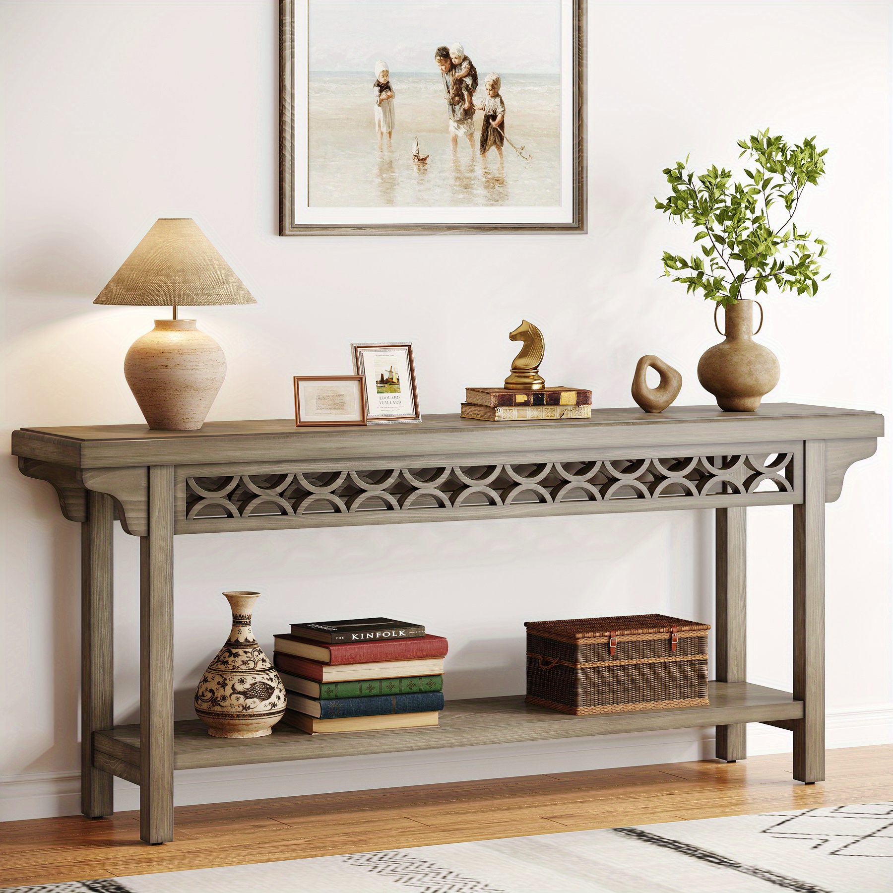 Farmhouse Solid Wood Entryway Table - 71-Inch 2-Tier Console 9 Double-Layer Storage and Solid Wood Construction Detail