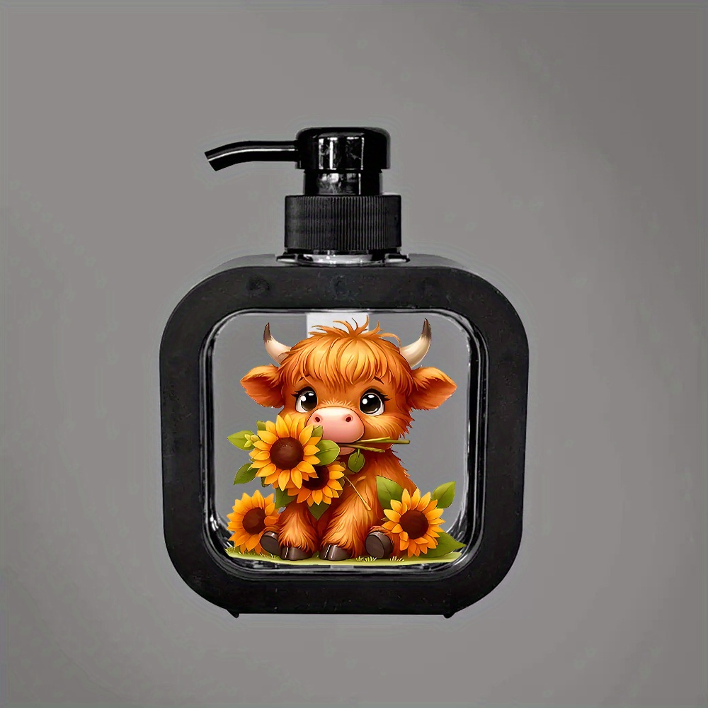 TEMU Cute Highland Cow And Sunflower Soap Dispenser With Pump - Modern White Freestanding Glass , Durable Plastic Base And Hygienic Operation -