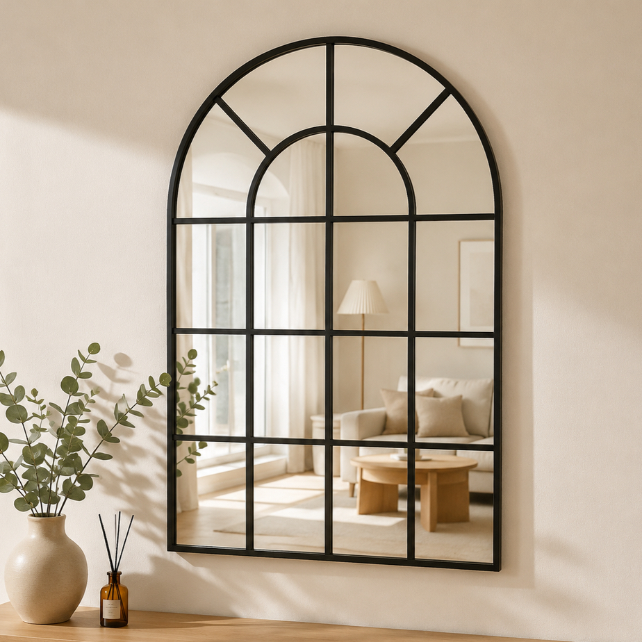 Image of Large Arched Window Mirror Makeup Mirror Black Metal Frame Wall Mounted Decorative Mirror Windowpane Decoration For Living Room Bathroom