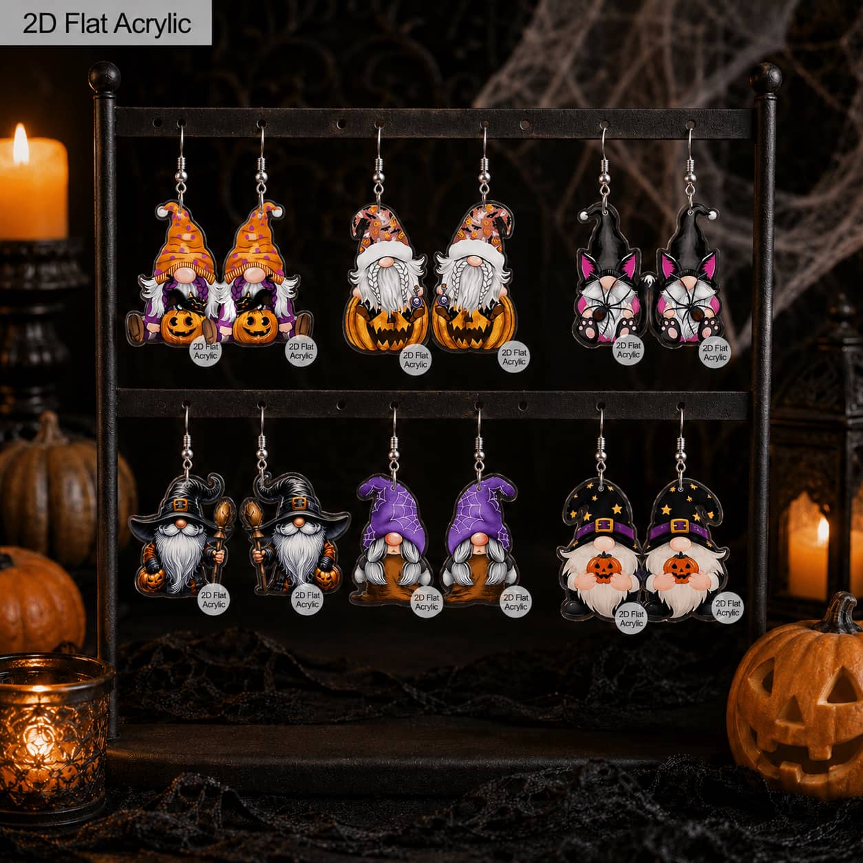 Halloween Witch Gnome Pumpkin Acrylic Earring Set, 6 Pairs