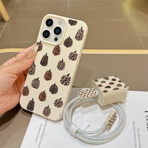 imagen del artículo para teléfono: juego de 6 piezas con estampado de leopardo y calabaza, color antiguo, con para cabezal de cargador + protector de cable + cordón de almacenamiento + protector de cable de , de tpu a prueba de caídas para iphone, compatible con