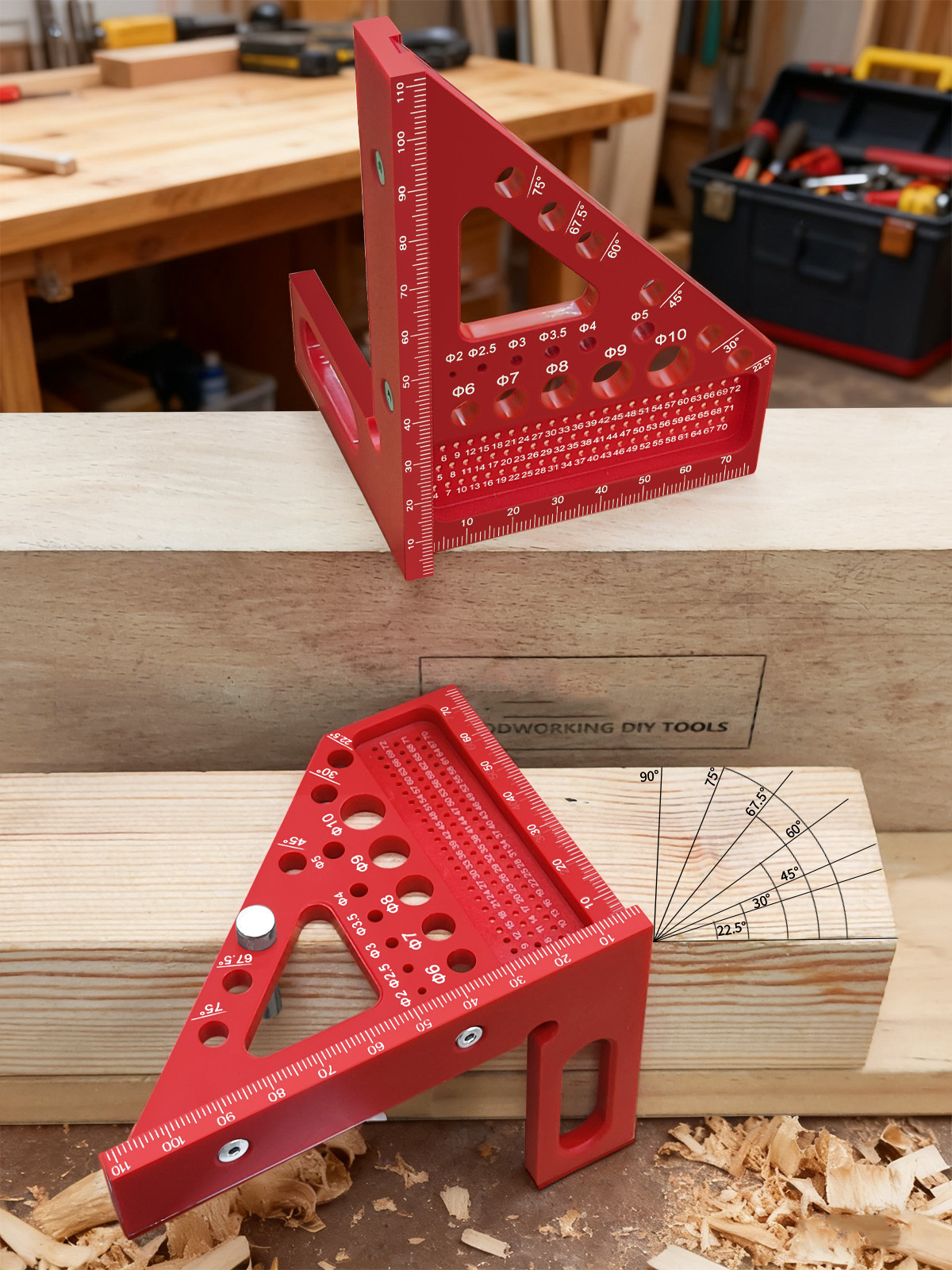 Escuadra de Carpintero ABS con Transportador y Regla de Medición 3D Multiángulo y Funciones de Marcado con Pin Antipérdida para Carpintería y Construcción Precisas - Herramienta de Diseño de 22.5°-90°