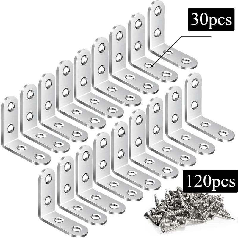 TEMU 150pcs L-shaped Brackets (30pcs Corner Braces + 120pcs Screws), Stainless Steel Supports, Metal Right Angle Brackets, Corner Braces With Screws,