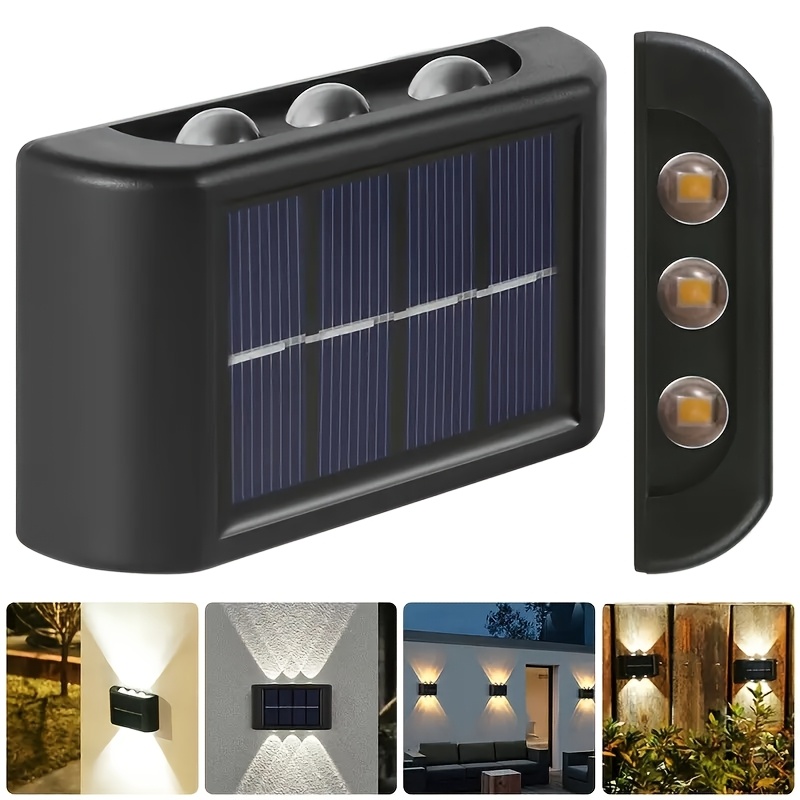 Set de 6 LED-uri, 2 bucăți, Lămpi solare de perete pentru exterior, Lumină de noapte portabilă, Lămpi ambientale de perete, Moduri de iluminare reglabile, Nu necesită încărcare, Instalare ușoară, Potrivite pentru garduri de grădină, verande, garaje exterioare, Iluminat interior/exterior, Lămpi de perete pentru exterior