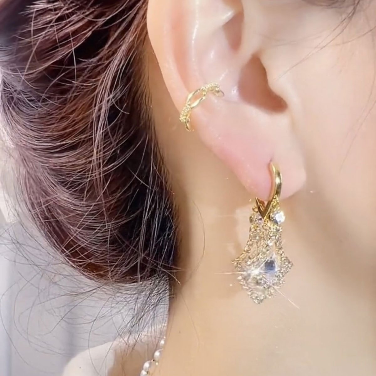 TEMU Elegant French-inspired Geometric Drop Earrings With Sparkling Zirconia - Luxurious Tassel Design For Women, Weddings & Parties