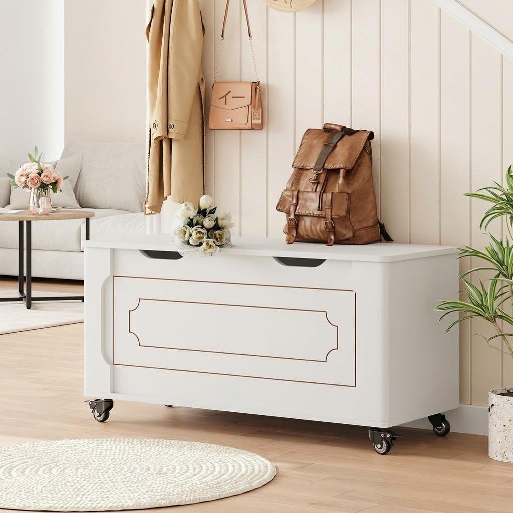 Rolling Shoe Storage Bench, Sturdy Wood Material, Safety Hinged Lid, 160kg, , Ideal For Entryway, Living Room And Bedroom
