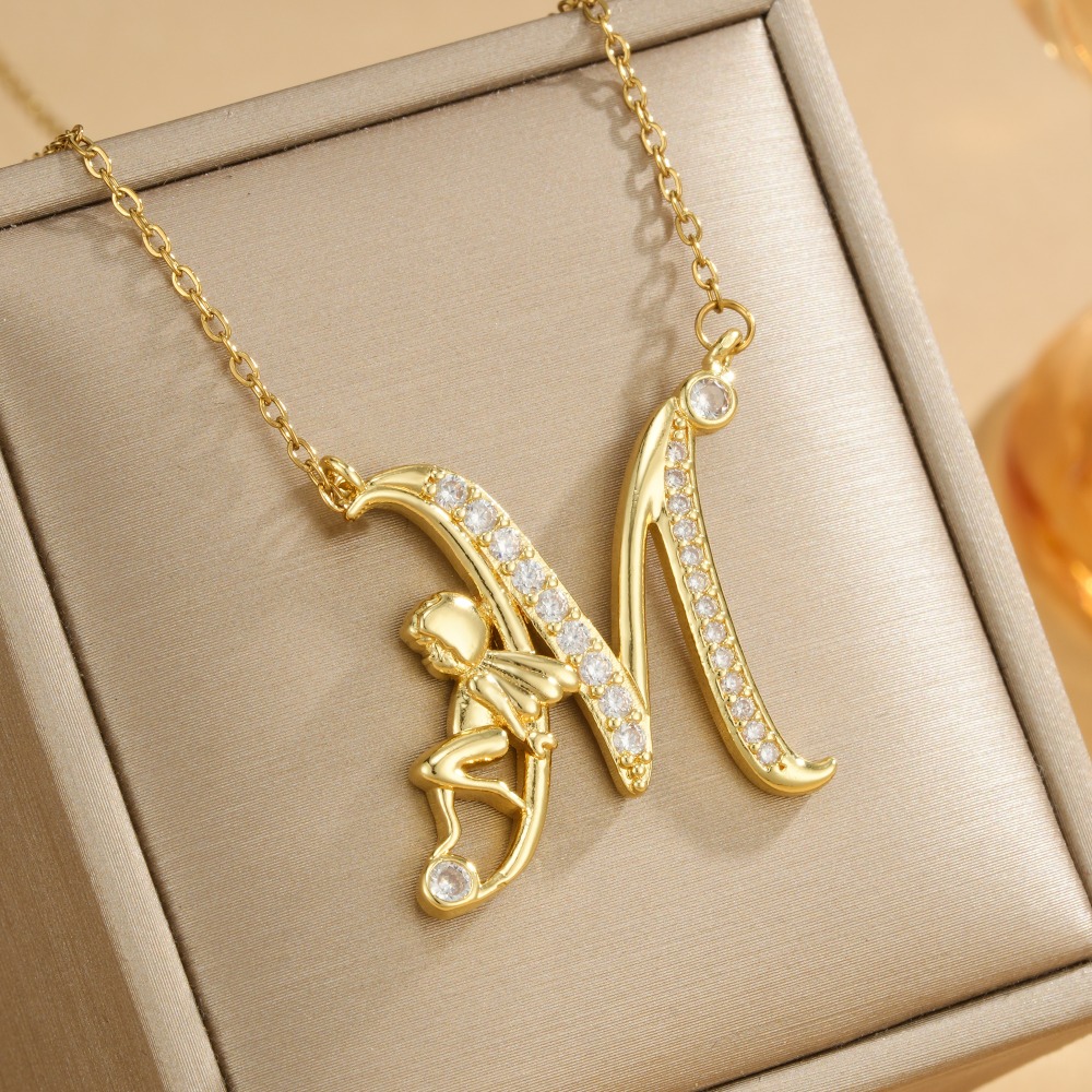 TEMU Collar con colgante de de ángel de cobre chapado en oro de 14K, colgante de de circonita cúbica micro pavé, joyería de cadena delgada de acero