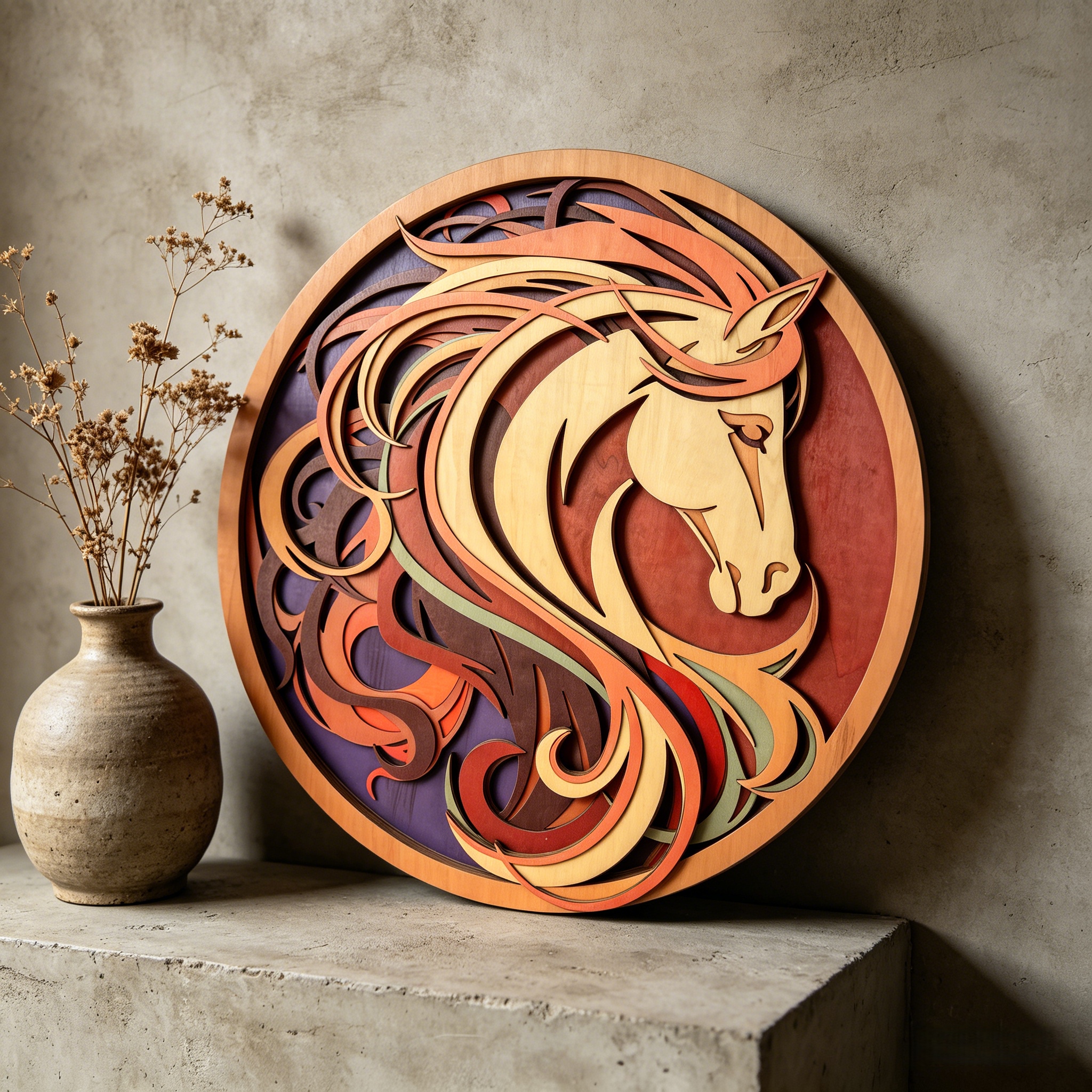 Image of 18' 9-layer 3d Abstract Horse Head Wood Wall Art, Laser Cut Multi-layered Wooden Sculpture, Colorful Layered Wood Decor For Living Room Bedroom