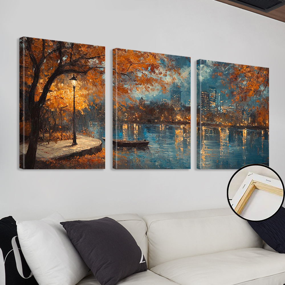 Piatto 2D, Dipinti, Piatto 2D, 3 Stampe d'Arte da Parete di Città Incorniciate, Arte da Parete Autunnale, Stampe d'Arte di Alberi, Stampe su Tela di Barche, Arte su Tela di Fiumi, Poster con Riflessi, Dipinti, Arte Decorativa, Dipinti, Arredo Casa, Estetica della Stanza, Poster, Regali per Amici