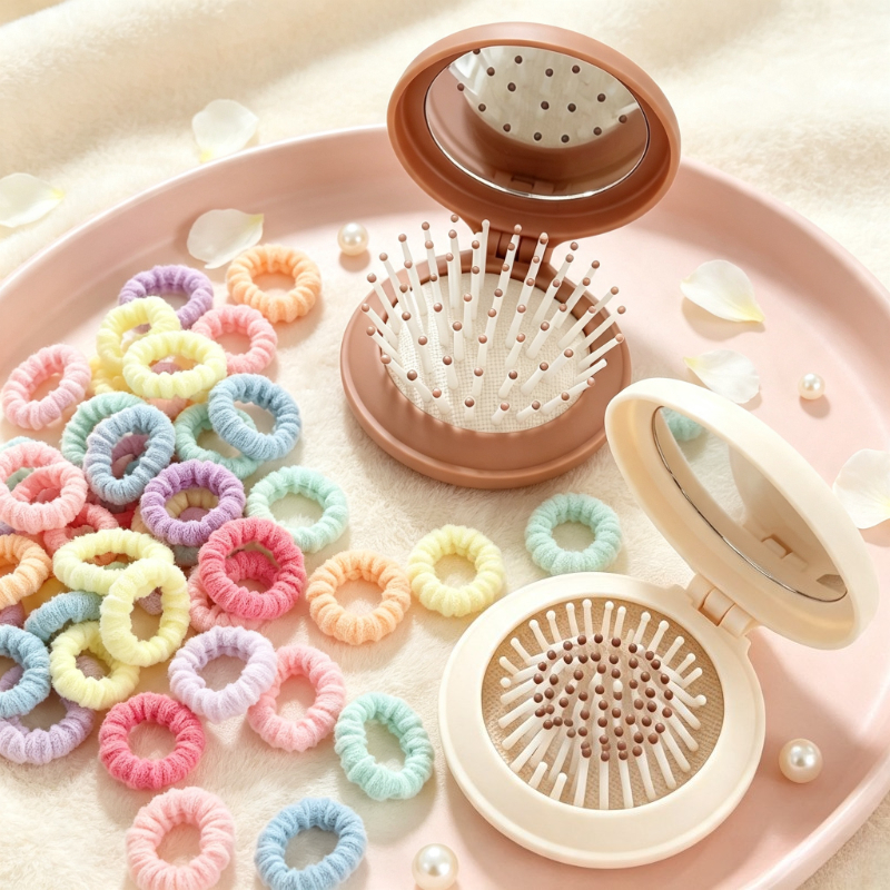 TEMU New Upgraded 11pcs Set (random Color Folding Mirror And 10pcs Small Hair Ties) Compact Travel Comb And Mirror - Foldable, Scalp Massage, And