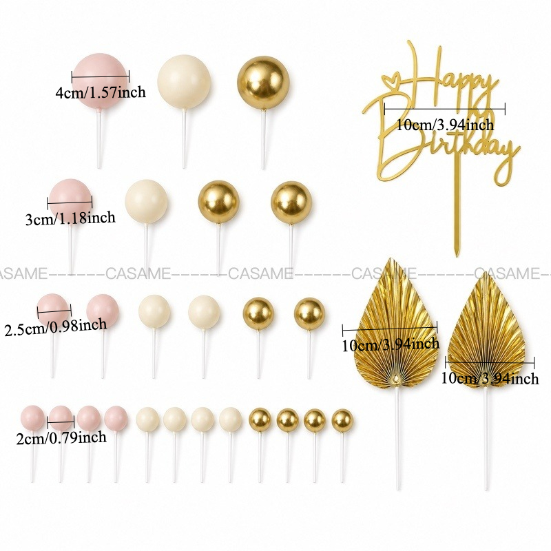 TEMU 28pcs Frosted Cake Topper Decoration Set, Includes 25pcs Balls, 2pcs Picks And 1pc Golden Happy Birthday Cake Topper, Elegant Cake Decorations