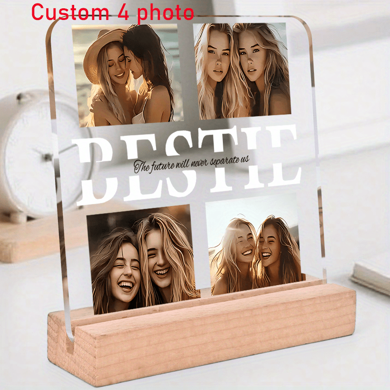 TEMU [2D Piatto] Placca di amicizia personalizzata in acrilico con 4 foto - Design di visualizzazione 'Foto', con supporto in legno, regalo caldo,