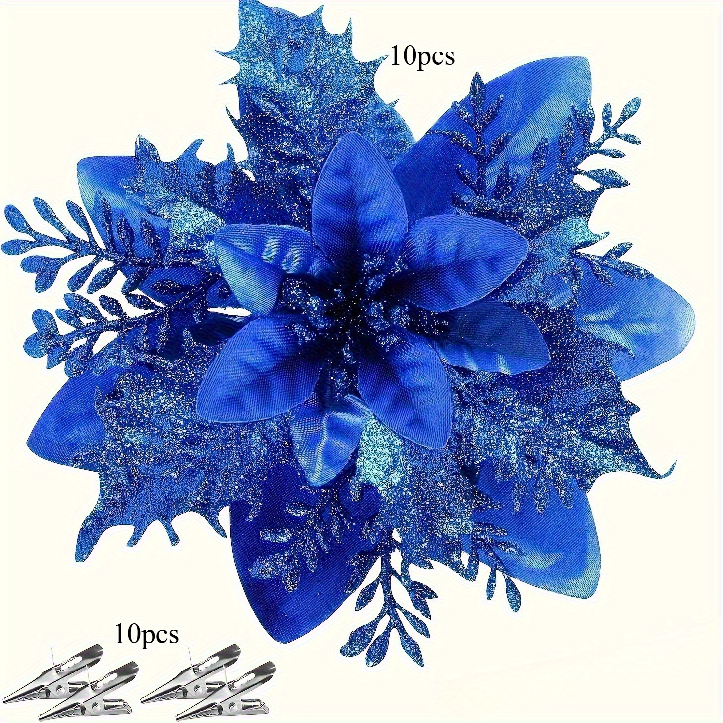 TEMU 20pcs Royal Blue Glitter Poinsettia Flowers - Perfect For Christmas Tree, Wreaths & Garland Decorations, Christmas Decor